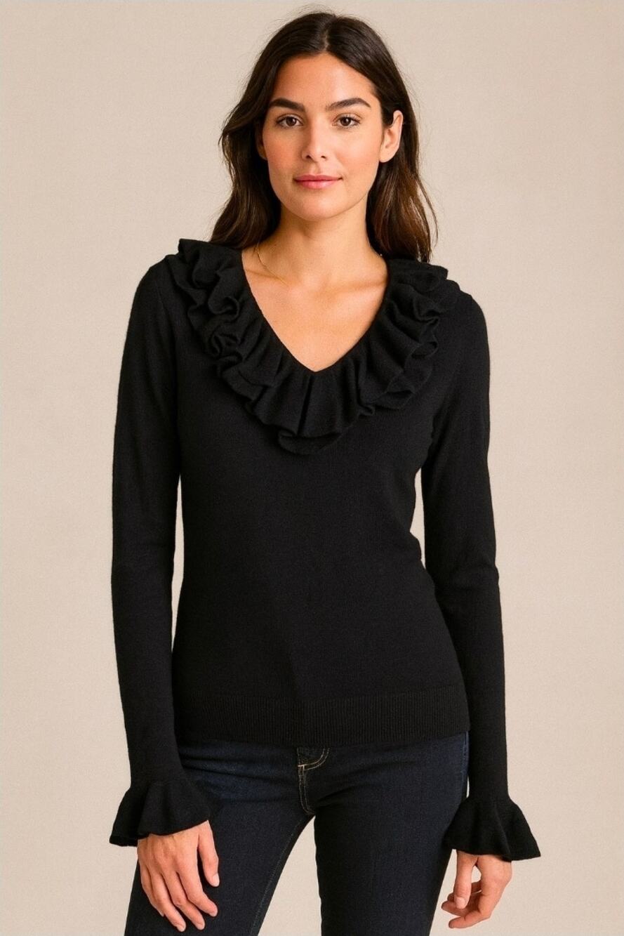 Lauren Ralph Lauren Ruffle Sweater XL Black Silk Cashmere V Neck Bell Sleeve